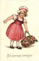 Sok szerencsét névnapjára / Nameday, girl with a basket of roses, E.A.S. No. 5461, litho