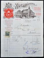 1910 Koch Testvérek, Férfi, -Fiu és Gyermekruha, Bp, IV., Károly-körut 26. , díszes, fejléces számla okmánybélyeggel (10 fillér), 29x22cm