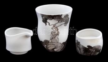 Dobány Sándor teáskészlet: csésze (m: 8 cm), kis kiöntő (m: 5,5 cm), cukortartó (m: 4 cm), kínáló tá...