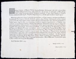 1761 Mária Terézia magyar nyelvű, nyomtatott pátense a katonai szolgálatot öncsonkítással elkerülni próbálók büntetéséről. Pozsony, 1761. II. 12. 1 nyomtatott levél, folio. 42x33 cm.