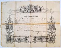 1889 Trencsén, Gyalogezredben szolgált honvéd számára kiállított végelbocsátó levél, ragasztott