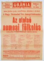 1909 Bp., Az Uránia Magyar Tudományos Színház "Az utolsó nemesi fölkelés százados évfordulójának emlékezetére" című műsorának plakátja, hajtott, 45x32 cm