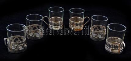 Mannheim Boehringer Diagnostica pohárkészlet, 6 db, fém tartókban, kétféle motívummal, jelzettek, kis kopásnyomokkal, d: 7 cm