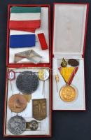 16db-os vegyes magyar és külföldi jelvény, emlékérem, kitüntetés tétel, közte Ausztria / Graz 1928. "Keresztény Német Tornaegyesület / Graz 800 éves" Br díszjelvény "J. Schwertner Eggenberg Graz" gyártói jelzéssel (46x31mm) + Ausztria / Bécs 1939. "Német Lövész Egyesület / Tartományok versenye, Bécs 1939. május 20." fém emlékérem Tölgyessy Sándor hagyatékából (51,5mm) + 1956. "Nemzetőr karszalag" + Ferenc József korabeli vörös szalagsáv kitüntetéshez + Szerb és lengyel szalagsáv T:vegyes
