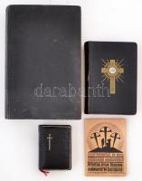 4 db vallási témájú könyv: Szent Biblia, azaz ... Szent írás ... magyarra fordította Károli Gáspár. Bp., 1950, Magyarországi Református Egyház Egyetemes Konventje.; Üdvözlégy, Mária! Gyöngybetűs ima- és énekeskönyv. Bp., 1915, Magyar Kórus.; Örökimádás. A legméltóságosabb Oltáriszentség imakönyve. Bp., 1937, Szent István Társulat.; Szent keresztúti és más ájtatossági gyakorlások Krisztus Jézus kínszenvedéséről és haláláról. Bp., [1926], Szent István Társulat. Példányonként változó, nagyrészt jó állapotban.