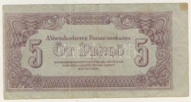 1944. "V.H." 5P elő- és hátlapi nyomat erősen eltolódva + függőleges papírránc T:II/III+