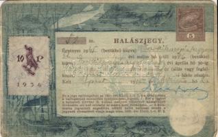 1945 Halászjegy 5P díjjeggyel, 10P okmánybélyeg kiegészítéssel (kopott)
