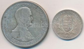 1930. 5P Ag "Horthy jobbra" + 1939. 1P Ag T:3,2 Adamo P6,P8