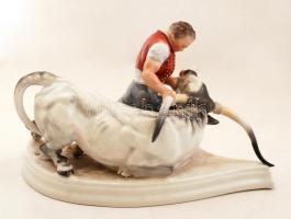 Herendi Toldi a bikával, kézzel festett, jelzett, restaurált, m:16 cm, h:29 cm