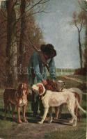 Wood-ward with hounds / Hunting dogs with hunter, Moderner Kunstverlag 2167. s: Troyon (EK)