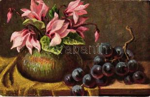 Grapes and flowers, still life, Erika No. 2835, s: A. Gammius Boecker (EK)