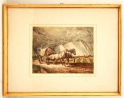 Udvary Pál (1900-1987): Hazafelé, színezett rézkarc, papír, jelzett, üvegezett fa keretben, 23×30,5 cm