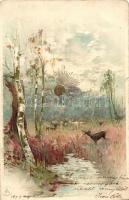 1899 Deer in the marsh, Winkler & Schorn Sonnenschein-Postkarte Serie VI., golden decoration litho (b)
