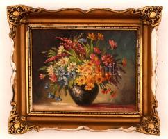 Korányi Mária (1952-): Virágcsendélet. Olaj, karton, jelzett, keretben, 22×26 cm