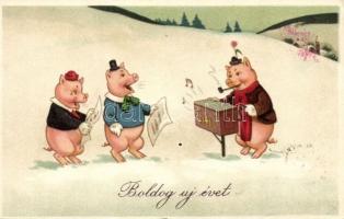 New Year, singing pigs, W.S.S.B. 7330. litho