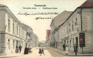 Temesvár, Timisoara; Városház utca, Dreher Kőbányai sörcsarnoka, sörcsarnok a Zenélő Órához, I. Kohn üzlete / street, beer halls, shop