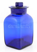 Kék üveg tároló dugóval, a dugón apró lepattanásokkal, 21x11x9,5 cm