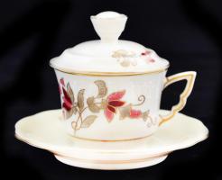 Zsolnay virágmintás csésze, tetővel, csészealjjal(pótolt), jelzett, 3 db