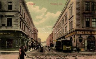 Szeged, Kelemen utca, Mayer Ferdinand és fia üzlete, villamos (EK)