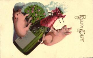 New Year, pigs with champagne, litho (b)