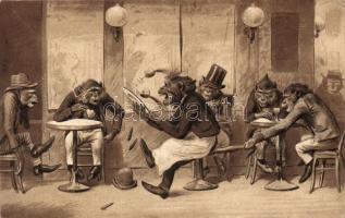 Monkeys in a bar, humour, Kopal Trademark 303. Emb. litho (EK)