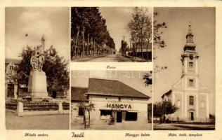 Izsák, Hősök szobra, Fasor, Hangya üzlete, Római katolikus templom (EK)