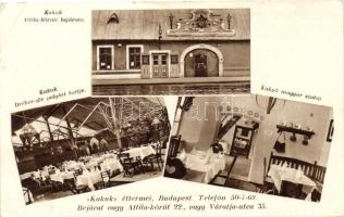 Budapest I. Kakuk éttermei, Attila körúti bejárat, Dréher sör polgári kertje, magyar szobái, belső (fa)