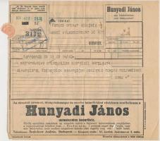 1926  Hunyadi János Keserűvíz reklámon távirat, kis szakadással, 21x22cm