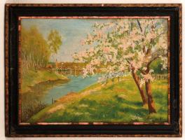 Zorkoczy jelzéssel: Virágzó fák a parton. Olaj, karton, keretben, 34×50 cm