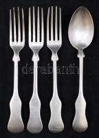 4 db fém evőeszköz (1 db kanál, 3 db villa), h: 21,5 cm