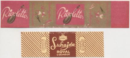 cca 1930 Suhajda és Rigoletto csokipapír, 3x10cm, 16x3cm