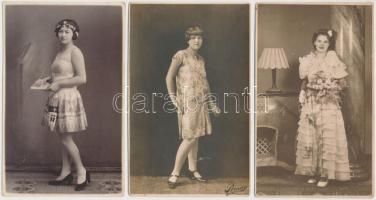 cca 1920-30 Hölgy divat, fotólapok, 3db, 9x14cm