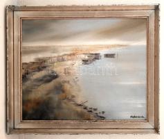 Halvax jelzéssel: Balatoni csónakok. Olaj, farost, keretben, 40×50 cm