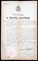 1890 Ő Felsége  a király nevében ítéletet hirdet szeszjövedéki kihágás miatt, szárazpecséttel, kis szakadással, egyébként jó állapotban, 34x21cm