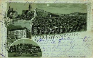 1899 Brassó, Kronstadt, Brasov; Springbrunnen, Rudolfspark, Schlossberg, Ref. Kirche Pfarrhaus, Handelsschule / fountain, park, castle hill, church , school, Art Nouveau litho (EK)