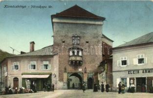 Körmöcbánya, Kremnica; Városkapu tér, Klein Ármin kereskedése. Demmiany L. könyvkereskedő kiadása / urban gates, shop