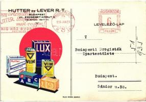 A Hutter és Lever Rt., tisztítószer gyártó vállalat reklámlapja, üzenettel a hátoldalon / advertisment postcard of the detergent manufacturer Hutter & Lever Company, message on backside (EB)