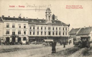 Eszék, Osijek, Essegg; Khuen Héderváry Platz / square with shops, tram