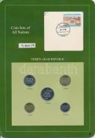 Jemeni Arab Köztársaság 1974-1980. 5f-1R 5xklf  db, forgalmi szett felbélyegzett kartonlapon T:1 Yemen Arab Republic 1974-1980. 5 Fils - 1 Riyal 5xdiff pcs, coin set on cardboard with stamp C:UNC