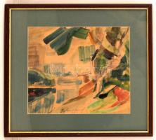 Igaly József (1905-1980): Folyópart. Akvarell, papír, jelzett, üvegezett keretben, 28×39 cm