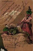 'Schwindelfrei', Alpinist on rope held by a Lady; Emb., litho (EK)