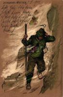 'Schlecht-Wetter', Alpinist in bad weather; Emb., litho