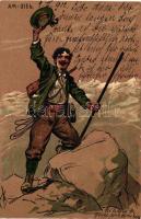 'Am-Ziel', Alpinist at the mountaintop; Emb., litho