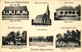 Keglevichháza, Cheglevici; Posta, Állami iskola, Kühn Péter üzlete, Községháza, Oppelcz Jakab háza; Adria arad. felvétele / post office, school, shops, town hall (EK)