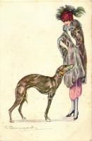Italian art postcard, Lady with dog, Anna & Gasparini 624-3. s: Bompard