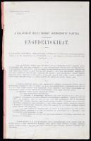 1895A Zalavölgyi helyi érdekű gőzmozdonyú vasútra vonatkozó engedélyokirat. Zalaszentgróttól Balatonszentgyörgyig vezetendő helyi érdekű gőzmozdonyú vasút minisztériumi engedélye. 13 l., az első oldalon kis sérülés. 33x21 cm.