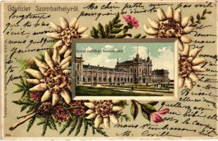 Szombathely, Vasútállomás, kiadják a Steiner Testvérek, floral Emb. litho