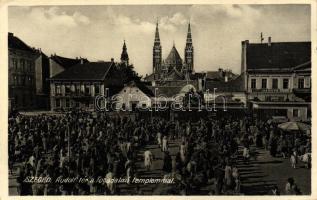 Szeged, Rudolf tér, Fogadalmi templom, piac, Hangya üzlet (EK)