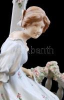 Antik figurális asztali lámpa, kézzel festett mázas fajansz, restaurált, formaszámmal (7972), márka ...