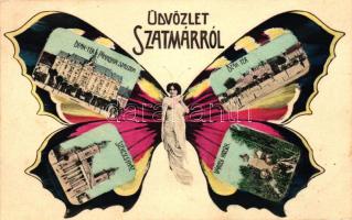 Szatmár, Deák tér, Pannónia szálloda, székesegyház, Városi kioszk, pillangó hölgy, kiadja Weisz Izsák / square, hotel, cathedral, kiosk, butterfly lady